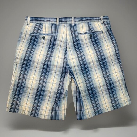 Weatherproof Plaid Cotton Shorts Mens 40 Blue Beige Preppy Flat Front Cotton - Picture 2 of 11